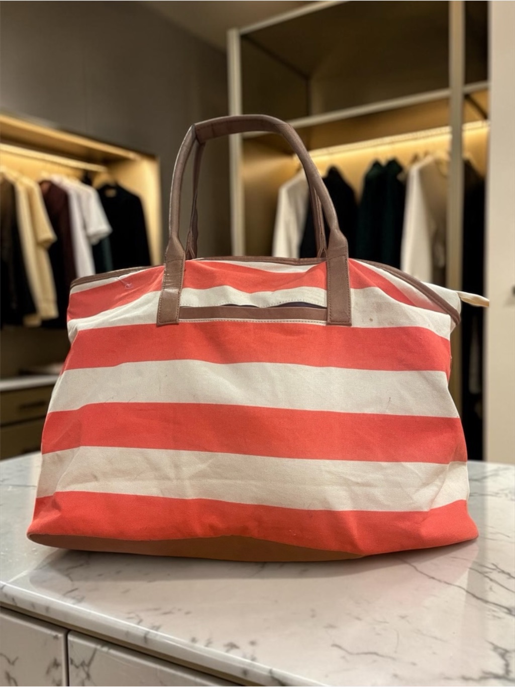 Merona Coral And White Striped Tote Bag